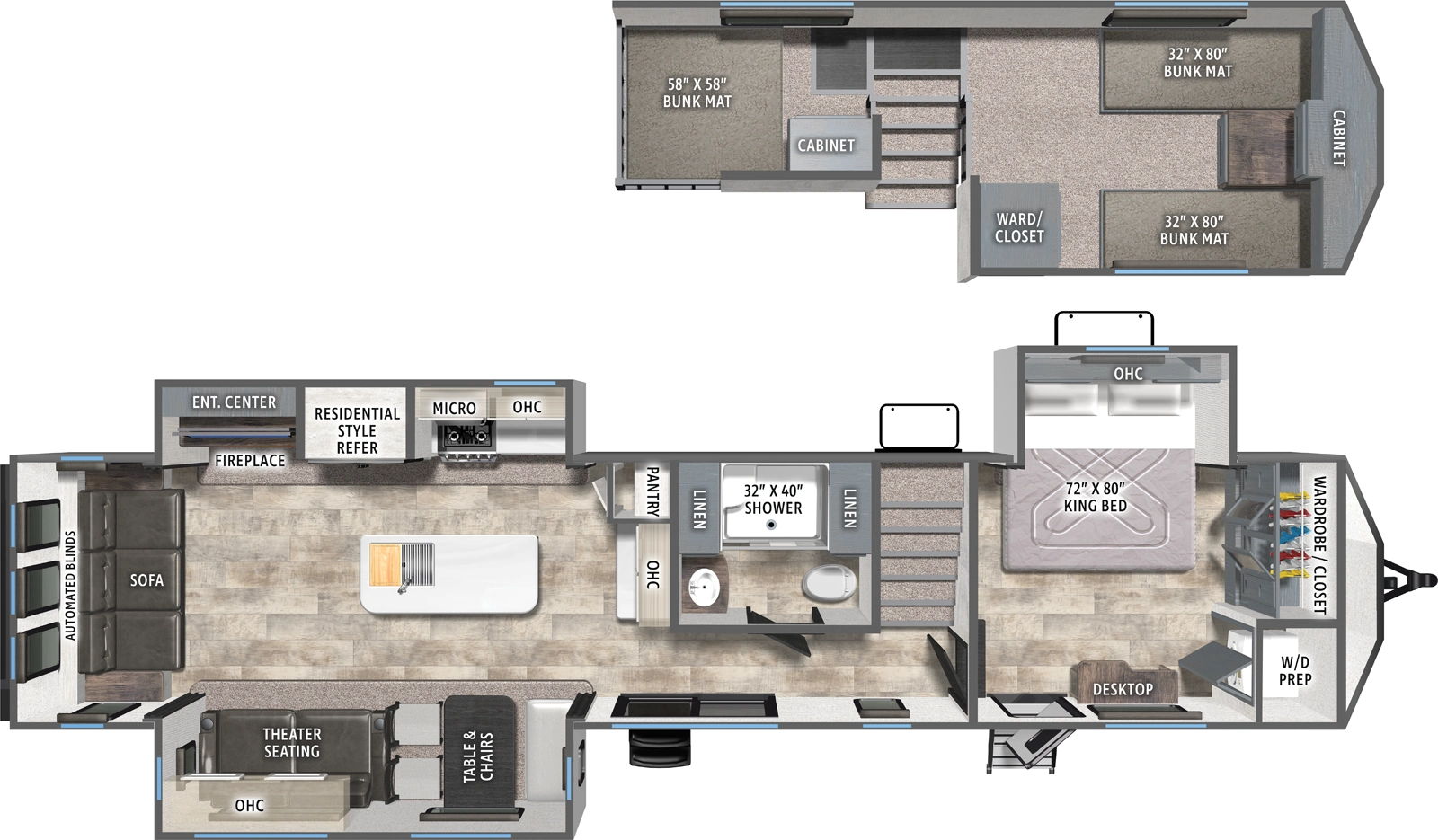 The Puma Destination 401RLFT floorplan has two entries and three slide outs. Exterior features include: metal exterior and 21' awning. Interiors features include: loft, kitchen island, free-standing dinette option, front bedroom and rear living.